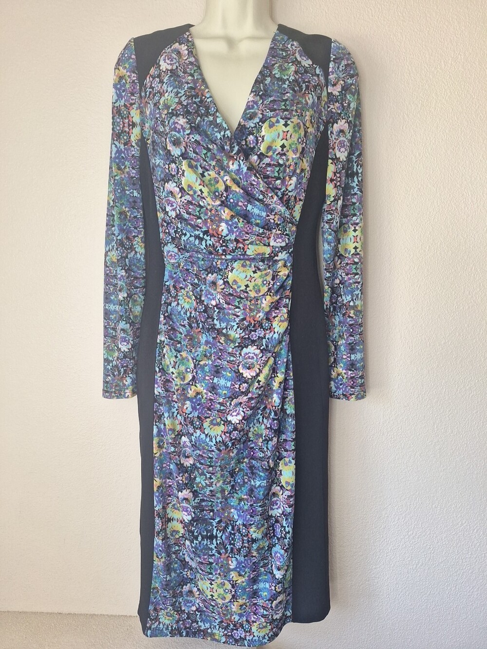 Maggy London Dress Womens 6 Faux Wrap Black Floral Stretch Long Sleeve V Neck